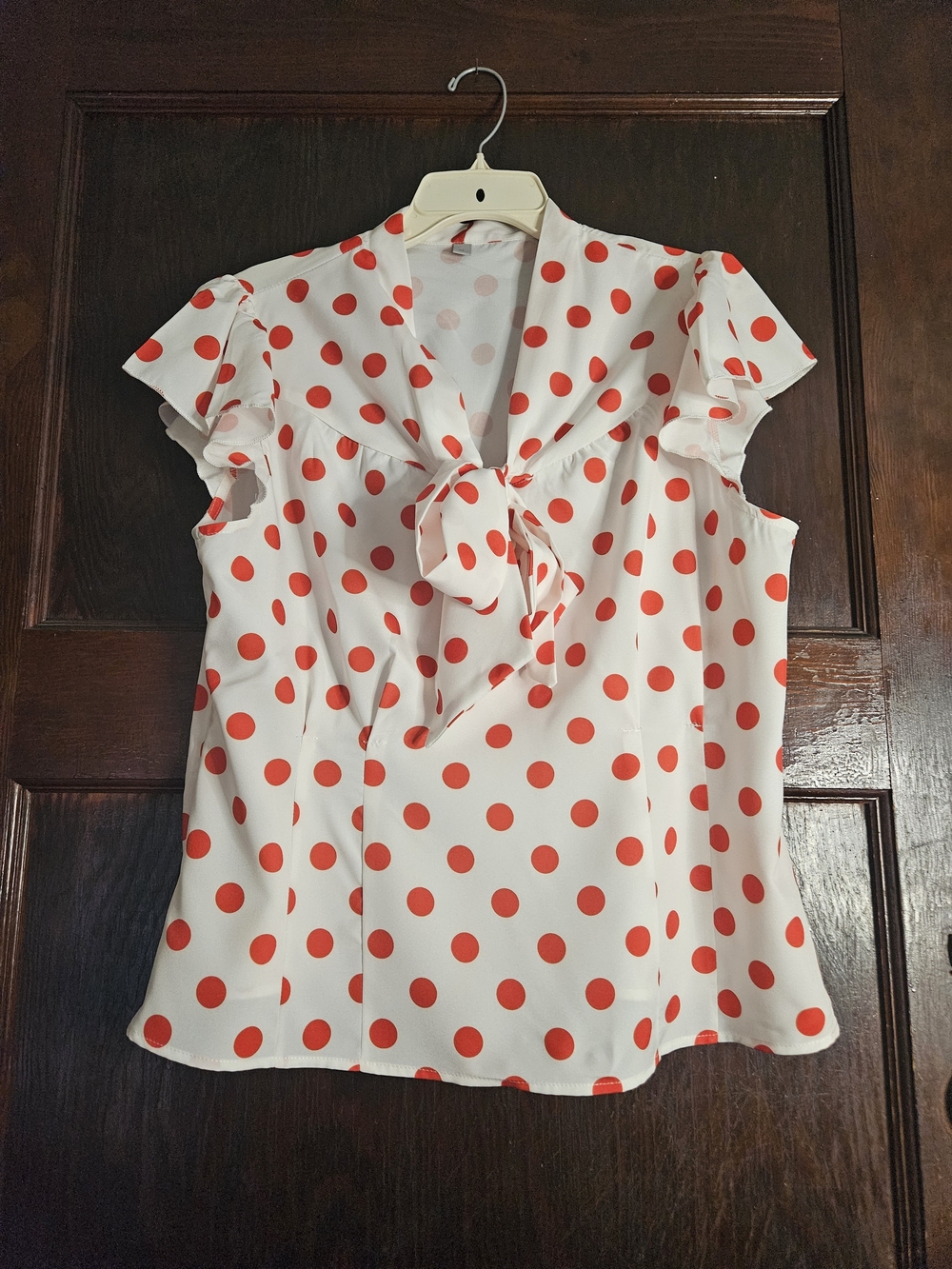 Tie-Neck Polka Dot Blouse - White with Red Dots